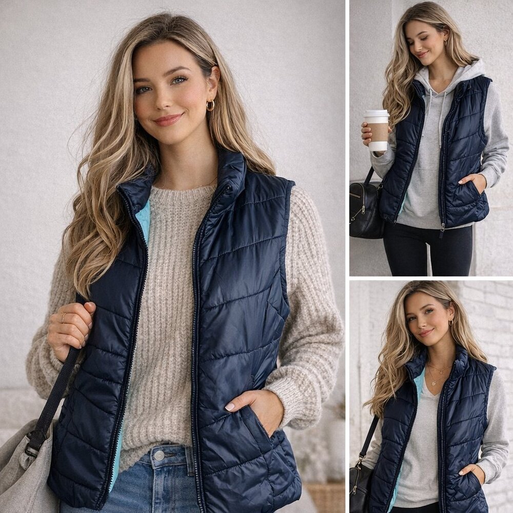Aeropostale Navy Quilted Puffer Vest L Aqua Lined Lightweight Layering